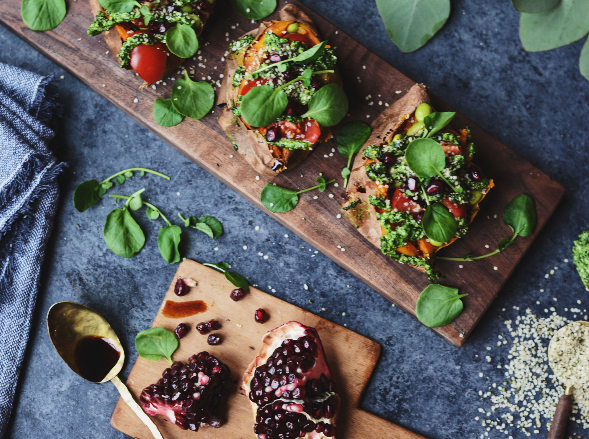 Baked Sweet Potatoes with Kale-Seed Pesto