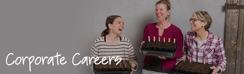 Employees laughing holding seed starting trays